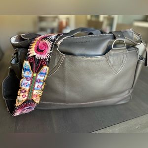 Epiphanie brand chocolate leather Camera bag with embroidered crossbody strap